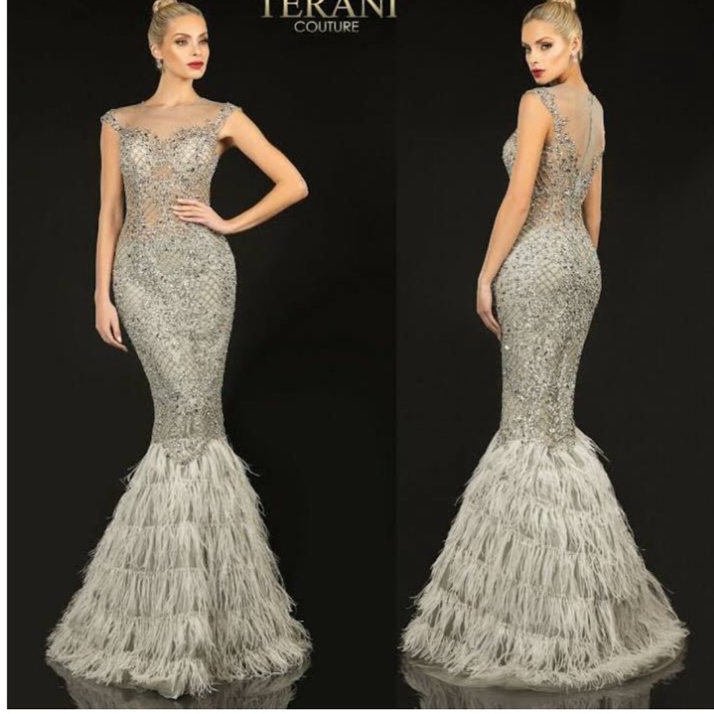 Terani Couture Silver beaded feather gown
